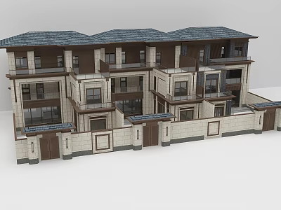 Three Story Townhouse Exterior With Gray Tile Roof And Beige Stone Facade Design 3d model