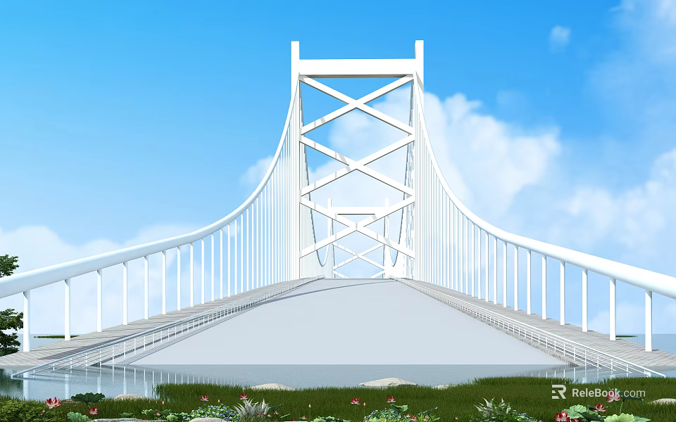 White Cable Stayed Bridge With Crossed Design Blue Sky White Clouds Water Below Grass Flowers 3d model 