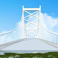 White Cable Stayed Bridge With Crossed Design Blue Sky White Clouds Water Below Grass Flowers