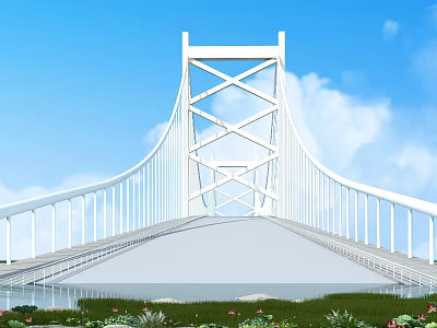 White Cable Stayed Bridge With Crossed Design Blue Sky White Clouds Water Below Grass Flowers 3d model