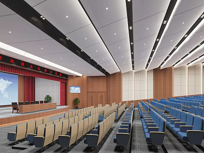 Spacious Conference Room With Blue Beige Seats Wooden Walls Red Curtain And Large Screen 3d model