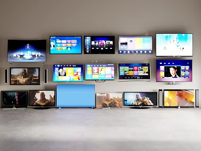 Various Television Models Displaying Diverse Screen Content Arranged on Wall and Floor 3d model