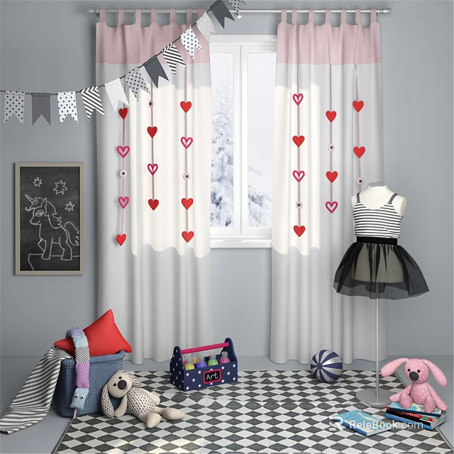 Children's Bed In Kids Room With Heart Curtains Blackboard Plush Toys And Checkerboard Rug 3d model 