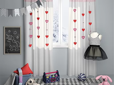 Children's Bed In Kids Room With Heart Curtains Blackboard Plush Toys And Checkerboard Rug 3d model