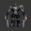 Mechanical Warrior Robot With Skull Emblem Blue Gold Armor And Dual Weapons