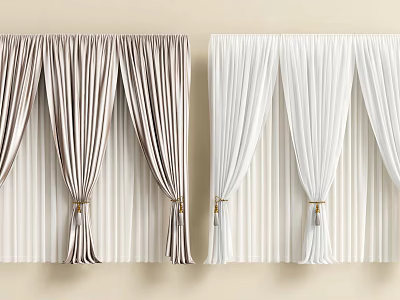 Elegant Pleated Curtains With Brown And White Hues And Tassel Decorations 3d model
