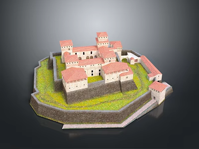 Detailed Medieval Castle Model With Red Roofs Stone Walls And Green Grass 3d model