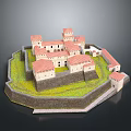 Detailed Medieval Castle Model With Red Roofs Stone Walls And Green Grass
