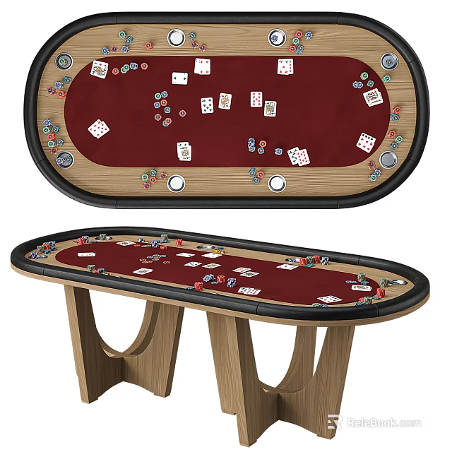 Wooden Poker Table With Red Felt Surface Dice Playing Cards And Chips 3d model 