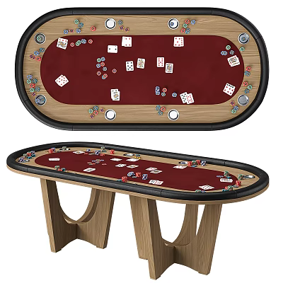 Wooden Poker Table With Red Felt Surface Dice Playing Cards And Chips 3d model