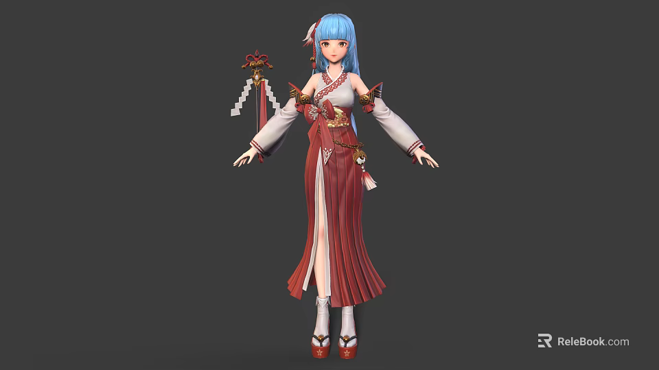 Blue Haired Character And Mythical Creature In Traditional Red White Outfit With Decorative Weapon 3d model 