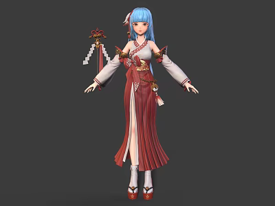 Blue Haired Character And Mythical Creature In Traditional Red White Outfit With Decorative Weapon 3d model