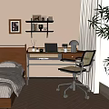Modern-Quiet Desk and Chair Combination Computer Ornaments Combination Table Lamp Double Bed 3d model