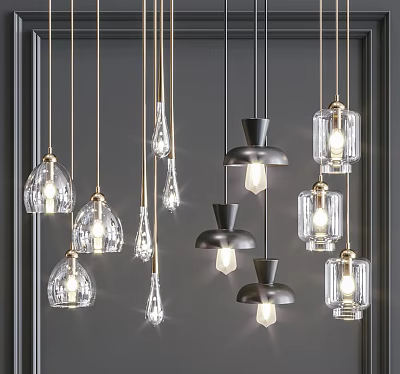 Various Stylish Pendant Lights With Glass Shades And Black Metal Bases Illuminated On Dark Wall 3d model