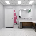 Public Restroom Interior With Gender Signs Vanity Counters Mirrors Trash Bins And Water Dispenser