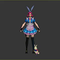 Game Character With Rabbit Ears Pink Hair Blue Apron Outfit And Small Rabbit Doll
