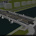 Modern Urban Bridge With Cars Street Lamps Water Green Grass And White Buildings