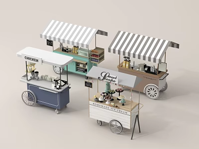 Mobile Commercial Food Service Equipment Carts With Striped Canopies And Wheels 3d model