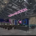 Modern Bar Interior Design With Neon Signs Hexagonal Ceiling And Purple Blue Lighting