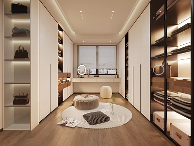 Modern Walk in Closet Interior Design with Glass Cabinets and LED Lighting 3d model