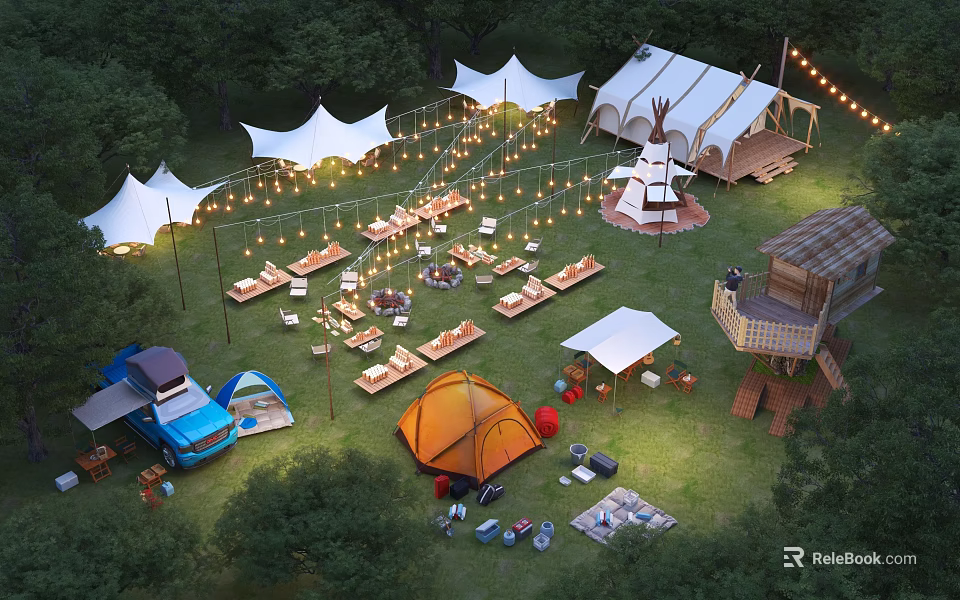 Scenic Camping Site With Various Tents String Lights Camping Car And Tree House 3d model 