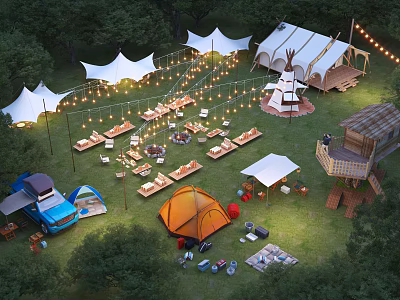 Scenic Camping Site With Various Tents String Lights Camping Car And Tree House 3d model