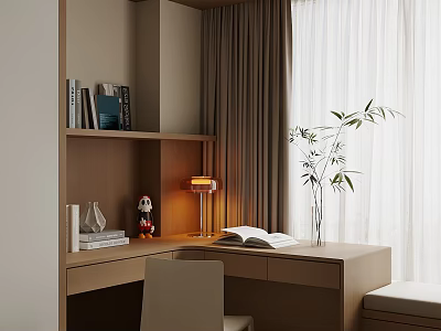 Bay Window Nook with Desk Table Lamp Open Book and Green Plant Curtains 3d model