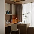 Bay Window Nook with Desk Table Lamp Open Book and Green Plant Curtains