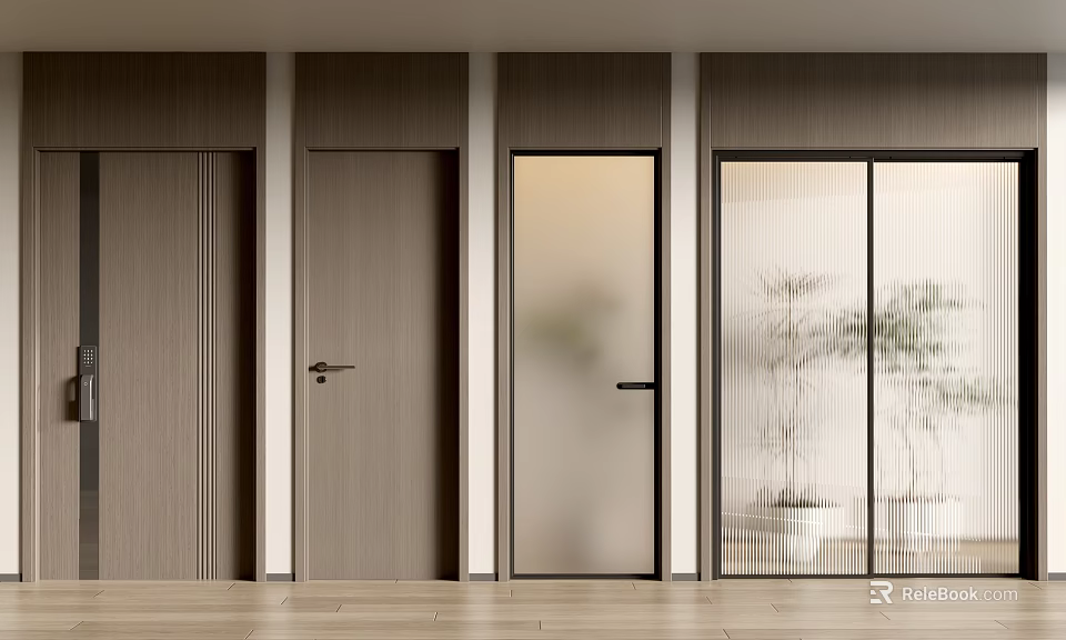 Modern Interior Doors Design With Wooden And Glass Panel And Plant Decoration 3d model 