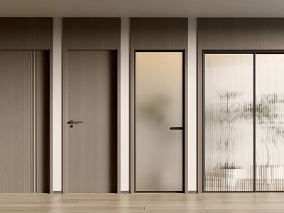 Modern Interior Doors Design With Wooden And Glass Panel And Plant Decoration 3d model