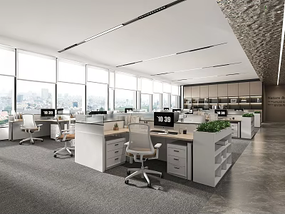 Modern Public Office Space With Desks Office Chairs Computers Large Windows And Green Plants 3d model