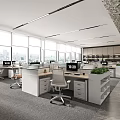 Modern Public Office Space With Desks Office Chairs Computers Large Windows And Green Plants