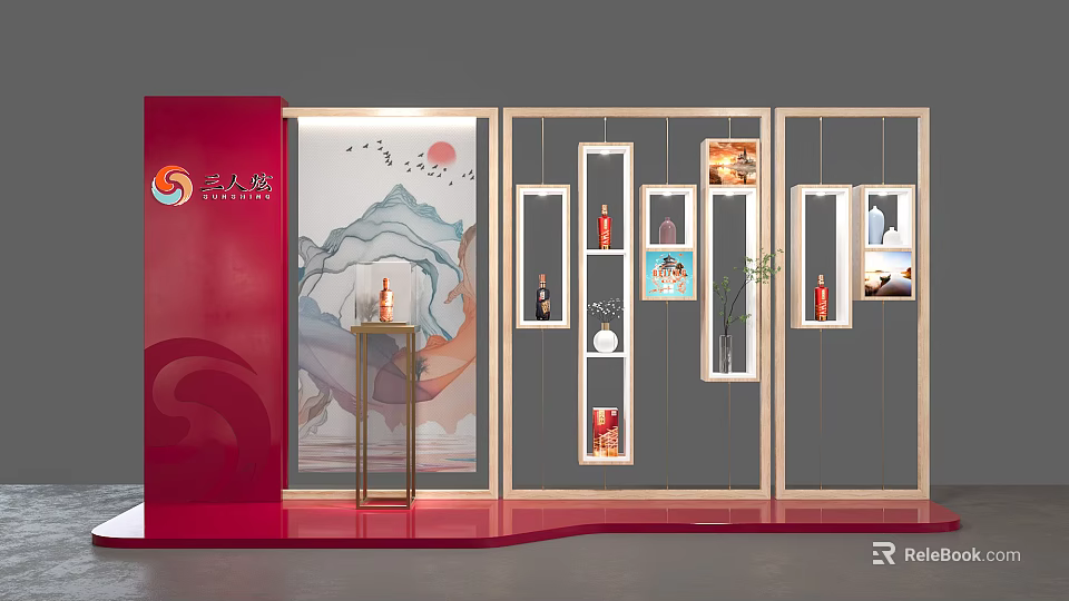 Kongfu Family Wine Exhibition Area With Decorative Wall Landscape Painting And Displayed Items 3d model 