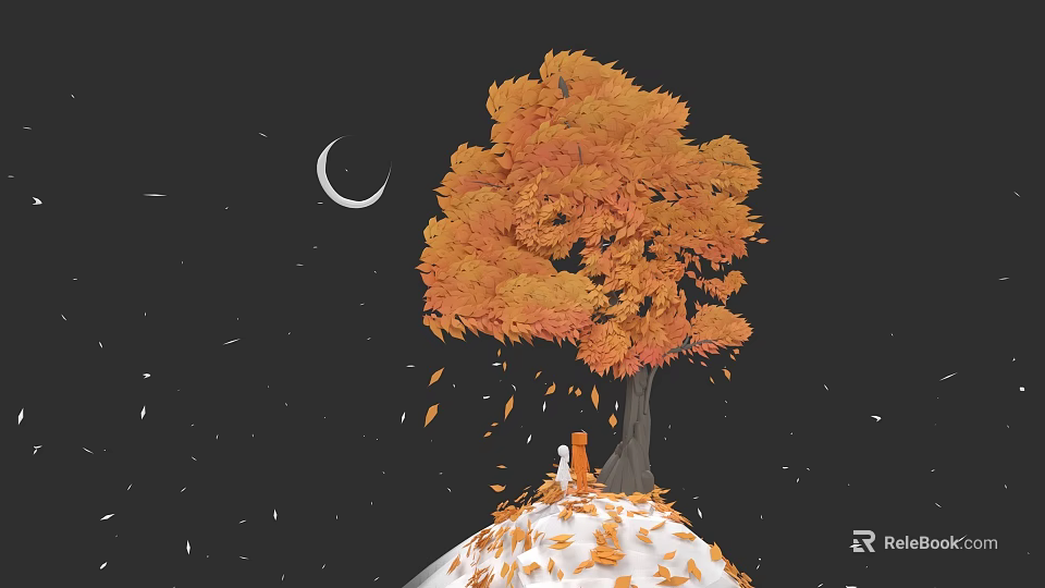 Microlandscape With Orange Leaved Tree Crescent Moon Stars Falling Leaves On White Ground 3d model 