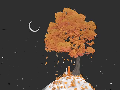 Microlandscape With Orange Leaved Tree Crescent Moon Stars Falling Leaves On White Ground 3d model