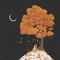 Microlandscape With Orange Leaved Tree Crescent Moon Stars Falling Leaves On White Ground