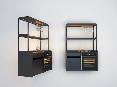 Modern Black Sideboard With Glass Shelves Wine Storage And Decorative 3d model