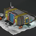 Lunar Base Module With Yellow Gray Structure On Lunar Surface And Equipment Containers 3d model