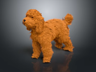 Realistic Brown Fluffy Plush Toy Dog With Curly Tail On Dark Background 3d model