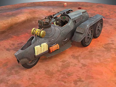 Retro Industrial Multi Wheeled Vehicle With Yellow Orange Containers On Red Ground 3d model