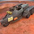 Retro Industrial Multi Wheeled Vehicle With Yellow Orange Containers On Red Ground