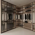 Modern Walk-in Closet Interior Design With Glass Doors Hanging Clothes And Wooden Storage Cabinets