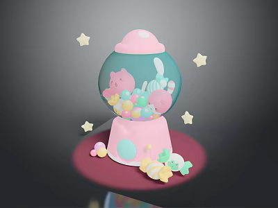 Pink Gumball Machine Filled With Colorful Candy And Pig Decorations Surrounded By Stars 3d model