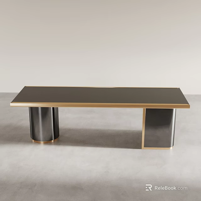 Modern Office Desk Design With Black Tabletop Gold Frame And Black Legs 3d model 