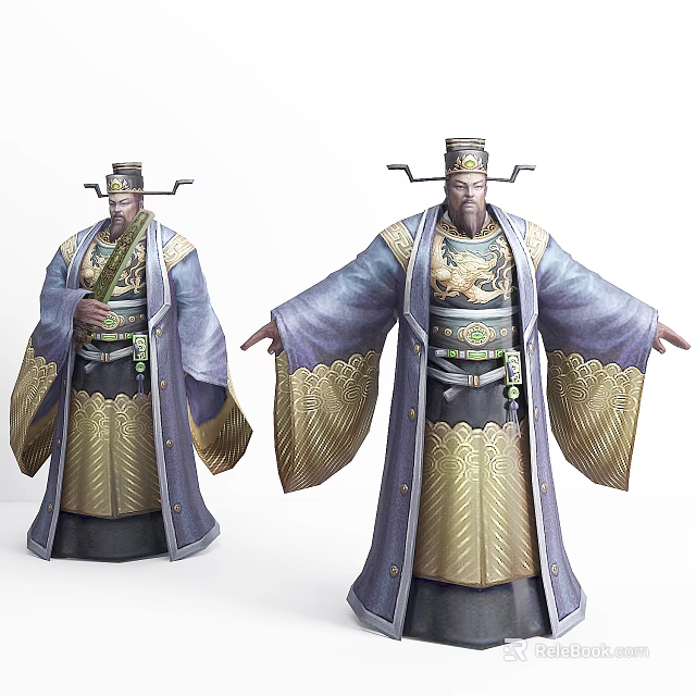 Ancient Costume Characters With Ornate Robes Jade Belts And Dragon Patterned Hats 3d model 