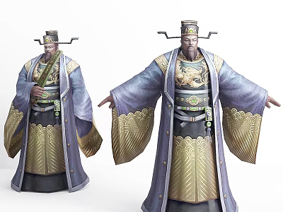 Ancient Costume Characters With Ornate Robes Jade Belts And Dragon Patterned Hats 3d model