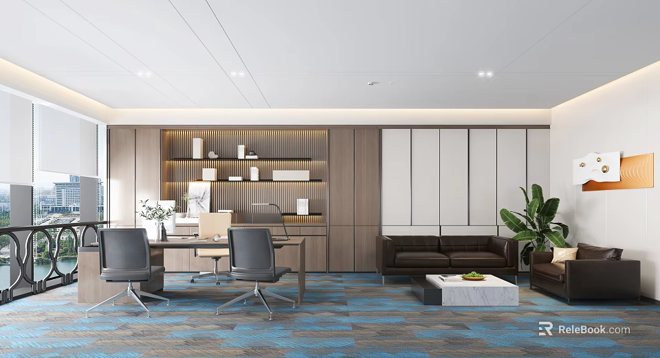 Modern Open Office Interior With Wooden Bookshelf Office Desk Sofa Green Plant And Carpet 3d model 