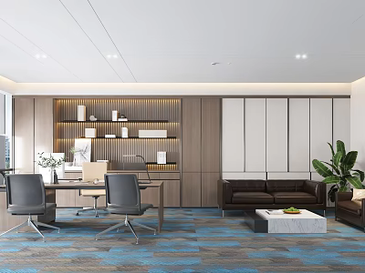 Modern Open Office Interior With Wooden Bookshelf Office Desk Sofa Green Plant And Carpet 3d model