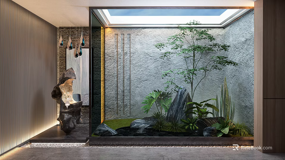 Natural Courtyard Garden With Tall Tree Decorative Rocks And Lush Green Plants 3d model 