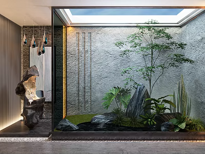 Natural Courtyard Garden With Tall Tree Decorative Rocks And Lush Green Plants 3d model